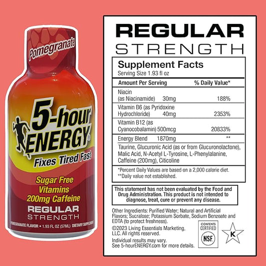 5-hour ENERGY Regular Strength Energy Shot, Pomegranate Flavor (1.93 oz. - 24 Count) Zero Calories & Sugar-Free 200 mg Caffeinated Shot, Amino Acids & B Vitamins, Dietary Supplements
