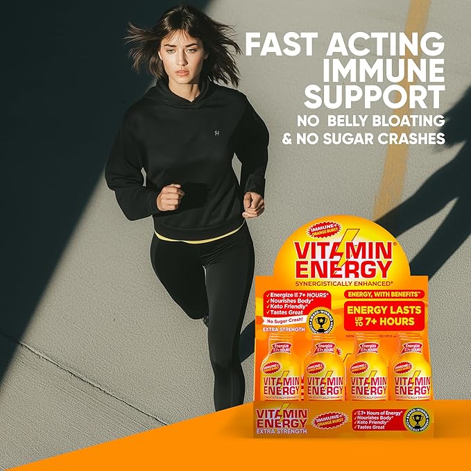 Vitamin Energy Immune+ Extra Strength Daily Energy Shot – Orange Burst – 260mg Natural Caffeine, B-Vitamins, Green Tea, Citicoline – Immune & Focus Support – Zero Sugar, Vegan – 1.93 fl oz, 24-Pack