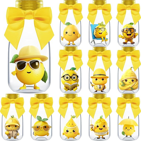 Small 12 Pack Lemon Party Favors - DIY Candy Jars with Ribbons and Stickers - Party Decoration Bottles for Wedding, Birthday, Classroom, and Baby Shower - Lemon Table Centerpiece for Kids