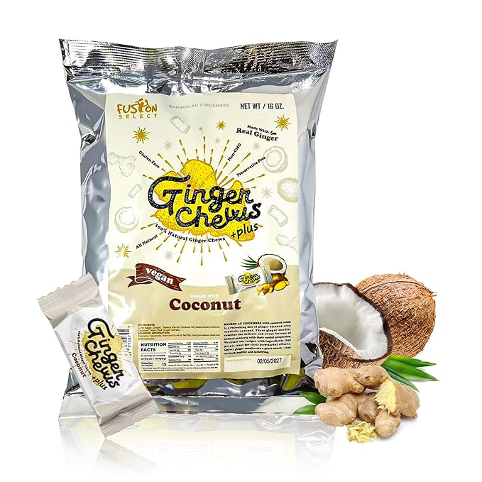Fusion Select Ginger Chews - Sweet Soft Candied Delights From Indonesia - Promotes Relief From Morning Sickness, Upset Stomach - Made from Real Ginger Root, Non-GMO, Vegan Candy (1 Lb Coconut)