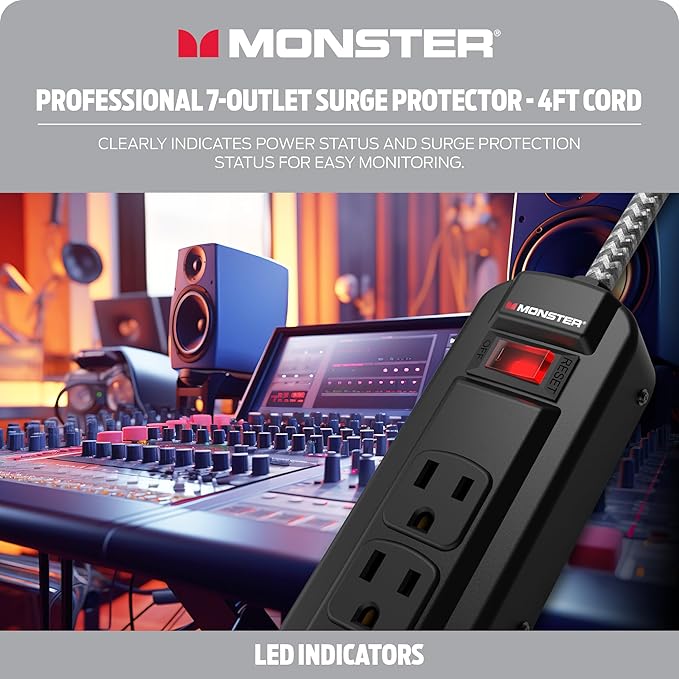Monster Pro MI Professional Surge Protector Power Strip with Fireproof MOV Technology for Computers, Amplifiers, Pedal Boards, and Pro Audio Gear, 1350 Joule, 4 ft Cord, 7 Outlet Power Strips