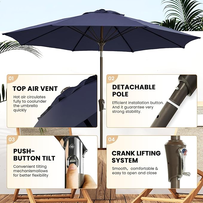 Ayge 9FT Large Outdoor Patio Umbrella Market Table Umbrella-UV Resistant, Easy Push Button Tilt and Crank, 8 Sturdy Fiberglass Ribs Heavy-Duty Pool Umbrella for Deck, Backyard,Garden