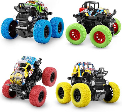 M SANMERSEN Monster Truck Toys for Ages 2-4, Friction Cars for Toddlers 1-3 Push and Go 360° Rotating Stunt Car for 2+ Year Old Boys Girls Gifts (4 Pack - Blue/Green/Red/Yellow)