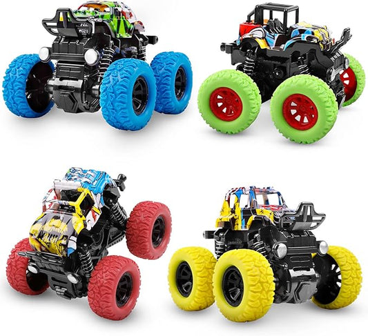 M SANMERSEN Monster Truck Toys for Ages 2-4, Friction Cars for Toddlers 1-3 Push and Go 360° Rotating Stunt Car for 2+ Year Old Boys Girls Gifts (4 Pack - Blue/Green/Red/Yellow)