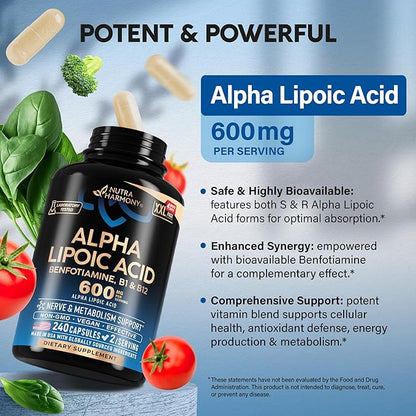 Alpha Lipoic Acid 600mg - ALA Supplement Antioxidant for Nerve, Energy & Metabolism Support - Extra Strength with Benfotiamine, Vitamins B1 & B12 - Lab Tested, NON-GMO & Vegan - 240 Capsules