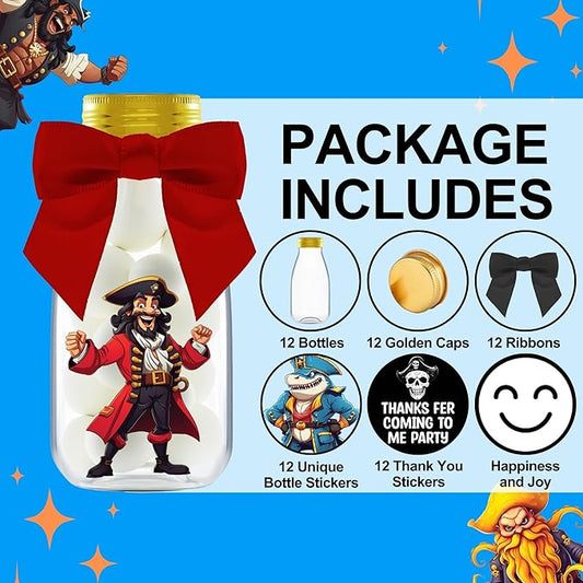 Small 12 Pack Pirate Party Favors - DIY Candy Jars with Ribbons and Stickers - Party Decoration Bottles for Birthday, School Classroom, and Halloween - Pirate Table Centerpieces for Kids