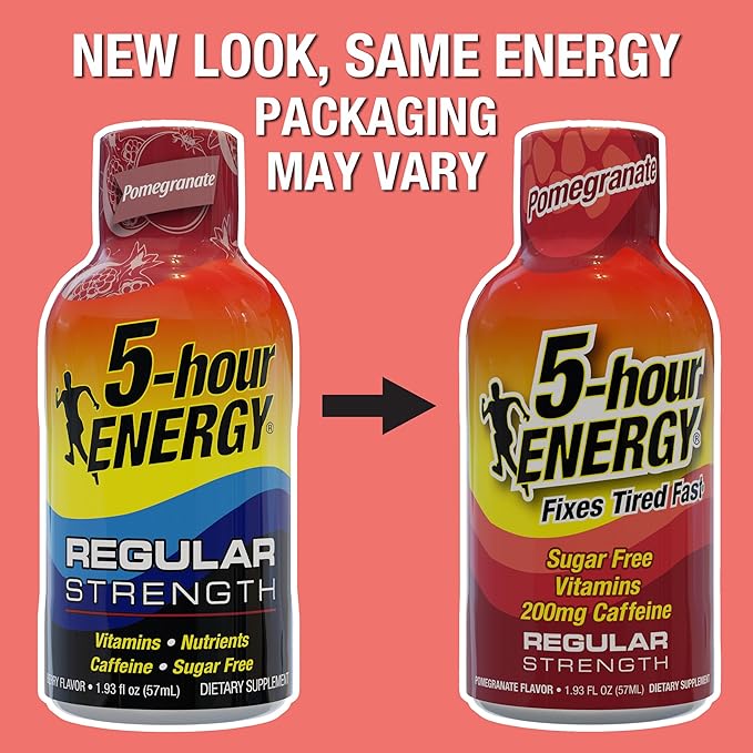 5-hour ENERGY Regular Strength Energy Shot, Pomegranate Flavor (1.93 oz. - 24 Count) Zero Calories & Sugar-Free 200 mg Caffeinated Shot, Amino Acids & B Vitamins, Dietary Supplements