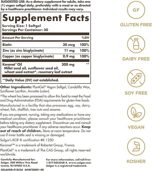 Solgar Hair Growth Age-Defying Nutrition For Men & Women—Thicker Fuller Hair Growth with Keranat Oil, Biotin, Zinc and Copper - One Softgel Daily, Vegan, Dairy, Soy and Gluten Free, 30 Servings