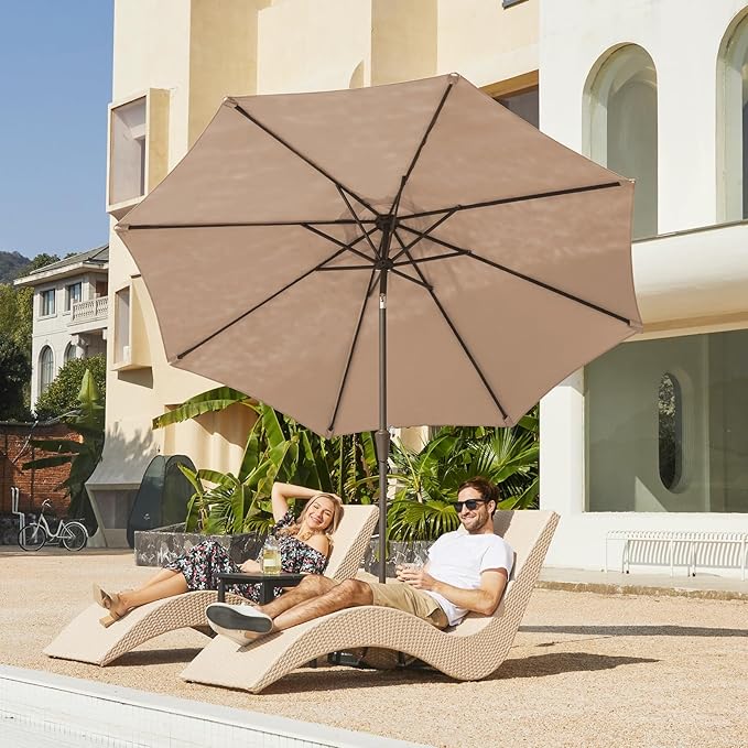 JEAREY 9FT Outdoor Patio Umbrella Outdoor Table Umbrella with Push Button Tilt and Crank, Market Umbrella 8 Sturdy Ribs UV Protection Waterproof for Garden, Deck, Backyard, Pool (Khaki)