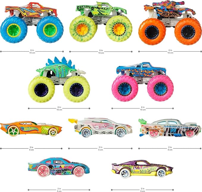 Hot Wheels Toy Monster Trucks 10-Pack, Set of 5 Glow in The Dark 1:64 Scale Trucks & 5 GITD 1:64 Scale Cars, Play Vehicles for Kids & Collectors