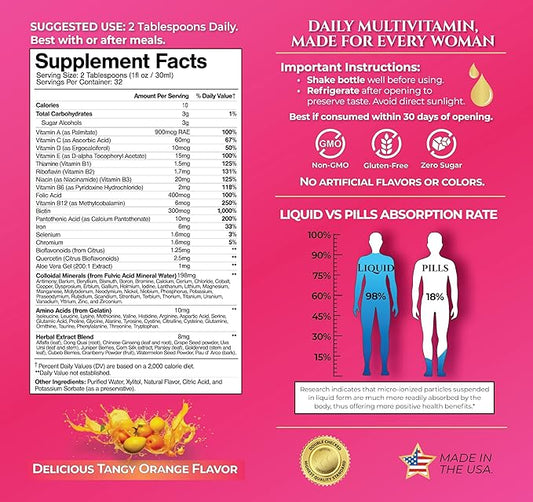 Premium Liquid Multivitamin for Women | Sugar Free Women’s Multivitamin | 100+ Vitamins, Minerals & Herbs Promote Anti-Aging, Heart, Brain & Bone Health |98% Absorption Rate | Non-GMO | 32 Serv