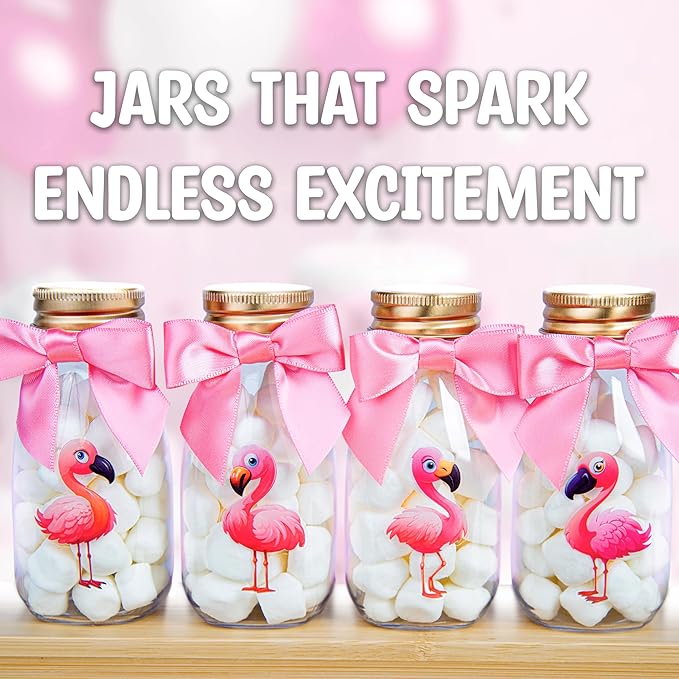 Small 12 Pack Flamingo Party Favors - DIY Candy Jars with Ribbons and Stickers - Party Decoration Bottles for Birthday, Baby Shower and Bachelorette - Pink Table Centerpiece for Kids and Adults