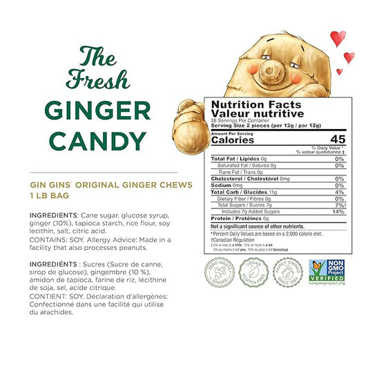 GIN GINS Original Ginger Chews – Natural Fresh Ginger Candy by The Ginger People – Individually Wrapped Healthy Candy – Original Flavor – Large 1 lb Bag (16oz) – Pack of 1