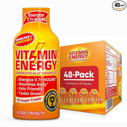 Vitamin Energy Immune+ Extra Strength Daily Energy Shot – Orange Burst – 260mg Natural Caffeine, B-Vitamins, Green Tea, Citicoline – Immune & Focus Support – Zero Sugar, Vegan – 1.93 fl oz, 48-Pack