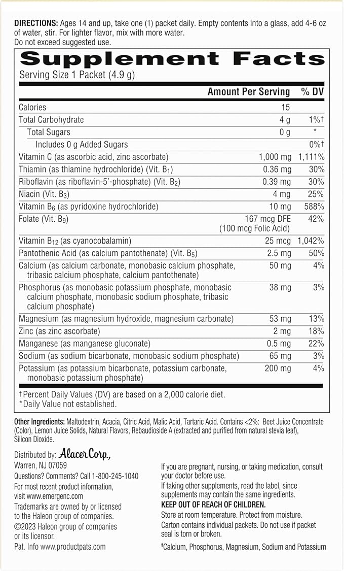 Emergen-C Zero Sugar 1000 mg Vitamin C Powder for Daily Immune Support Caffeine Free Vitamin C Supplements with Zinc and Manganese, B Vitamins and Electrolytes, Raspberry Lemonade Flavor - 36 Count