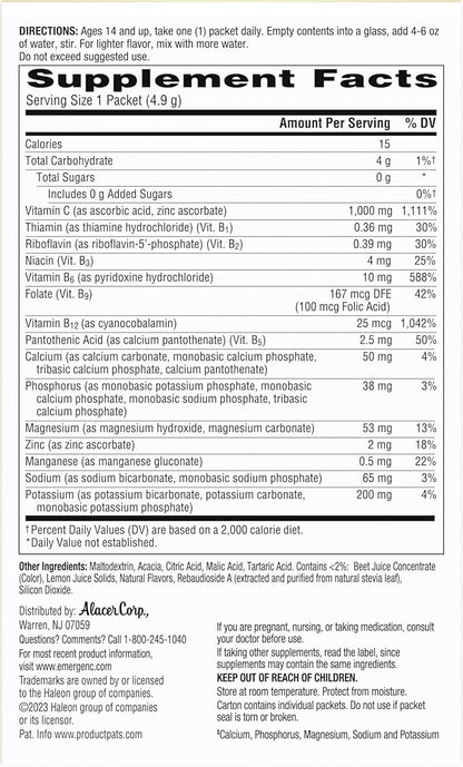 Emergen-C Zero Sugar 1000 mg Vitamin C Powder for Daily Immune Support Caffeine Free Vitamin C Supplements with Zinc and Manganese, B Vitamins and Electrolytes, Raspberry Lemonade Flavor - 36 Count