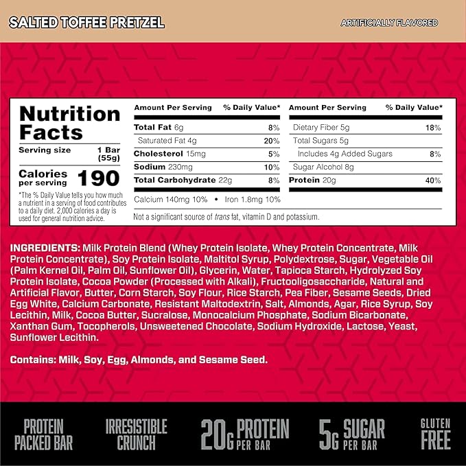 BSN Protein Crisp Bar, Protein Snack Bars, Crunch Bars with Whey Protein and Fiber, Gluten Free, Salted Toffee Pretzel, 12 Count (Packaging May Vary)