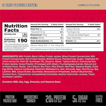 BSN Protein Crisp Bar, Protein Snack Bars, Crunch Bars with Whey Protein and Fiber, Gluten Free, Salted Toffee Pretzel, 12 Count (Packaging May Vary)