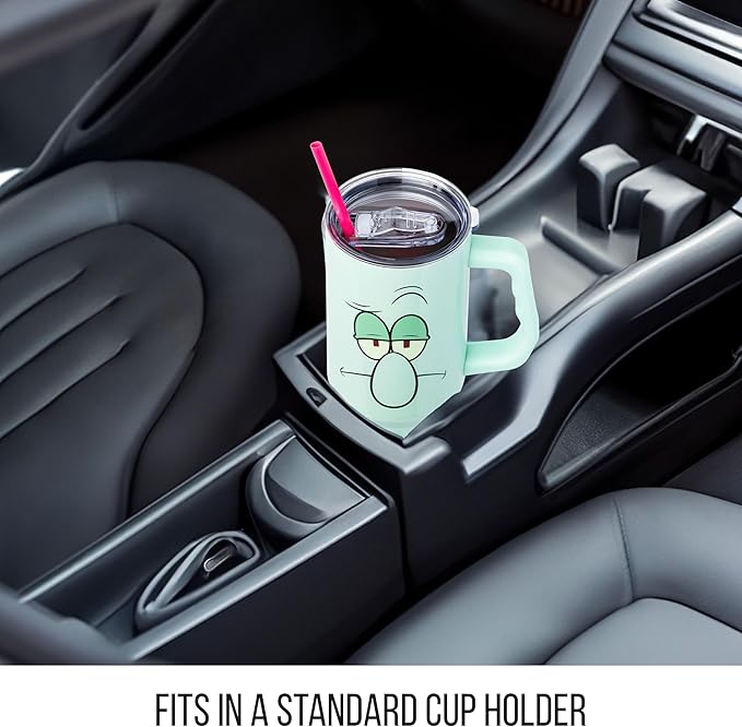 Silver Buffalo SpongeBob SquarePants Stainless Steel Tumbler with Handle Featuring Squidward, Fits in Standard Cup Holder, 40 Ounces