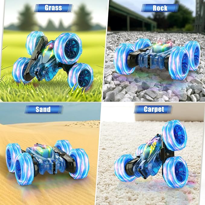 Remote Control Car,Stunt RC Cars for Kids with Colorful Light,Fast USB-C Charging,Double-Sided 360° Rotating Rechargeable 4WD RC Truck Car Toys for Ages 5-7 Gift for Boys Girls Ages 8-12(Blue)