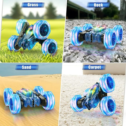 Remote Control Car,Stunt RC Cars for Kids with Colorful Light,Fast USB-C Charging,Double-Sided 360° Rotating Rechargeable 4WD RC Truck Car Toys for Ages 5-7 Gift for Boys Girls Ages 8-12(Blue)