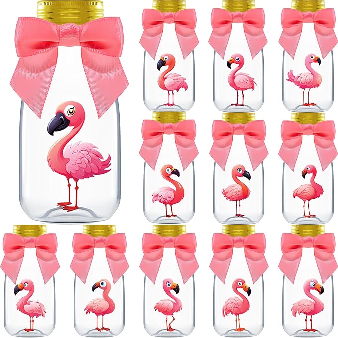 Small 12 Pack Flamingo Party Favors - DIY Candy Jars with Ribbons and Stickers - Party Decoration Bottles for Birthday, Baby Shower and Bachelorette - Pink Table Centerpiece for Kids and Adults