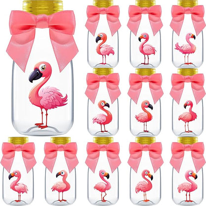 Small 12 Pack Flamingo Party Favors - DIY Candy Jars with Ribbons and Stickers - Party Decoration Bottles for Birthday, Baby Shower and Bachelorette - Pink Table Centerpiece for Kids and Adults