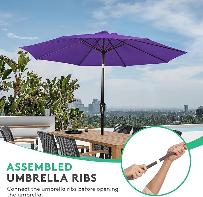JEAREY 10FT Outdoor Patio Umbrella Outdoor Table Umbrella with Push Button Tilt and Crank, Market Umbrella 8 Sturdy Ribs UV Protection Waterproof for Pool, Garden (Dark Purple)