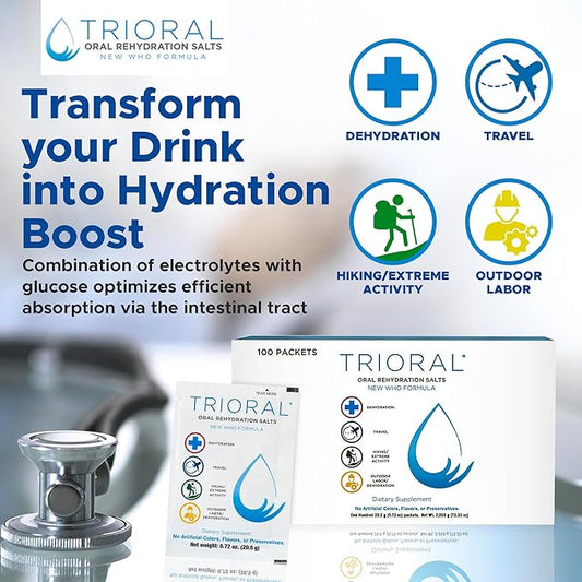 TRIORAL Rehydration Electrolyte Powder - WHO Hydration Supplement Salts Formula - Combat Dehydration from Workouts, Fluid Loss and Much More - 100 Drink Mix Packets