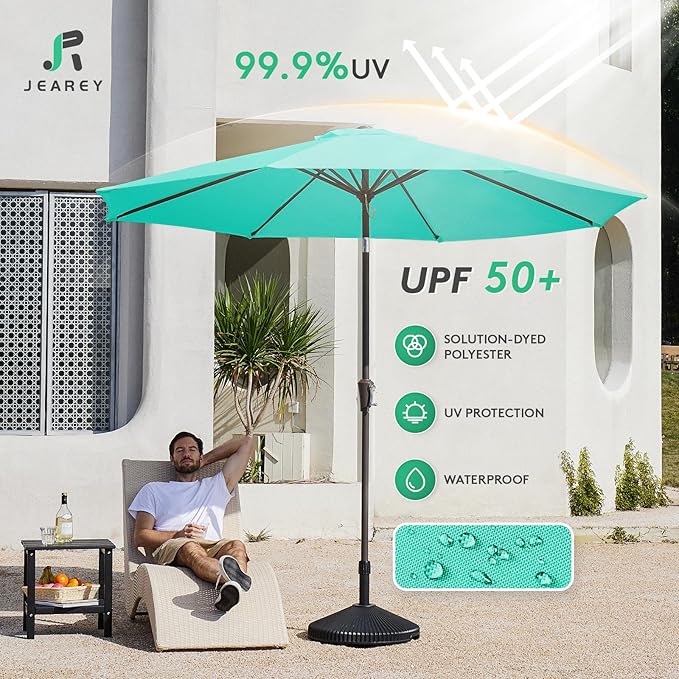 JEAREY 9FT Outdoor Patio Umbrella Outdoor Table Umbrella with Push Button Tilt and Crank, Market Umbrella 8 Sturdy Ribs UV Protection Waterproof for Garden, Deck, Backyard, Pool (Clear Blue)