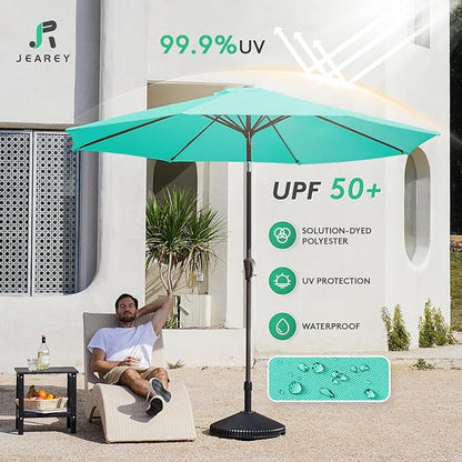 JEAREY 9FT Outdoor Patio Umbrella Outdoor Table Umbrella with Push Button Tilt and Crank, Market Umbrella 8 Sturdy Ribs UV Protection Waterproof for Garden, Deck, Backyard, Pool (Clear Blue)