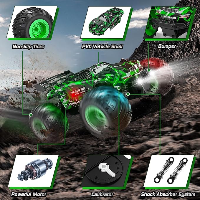 Remote Control Car, 1:18, All-Terrain Remote Control Truck with Headlight and Bodylight, 2WD, 20KM/H, PVC Shell, 2.4GHz, Rechargeable, Sturdy, Two Speed Control, Rc Cars for Kids, Green
