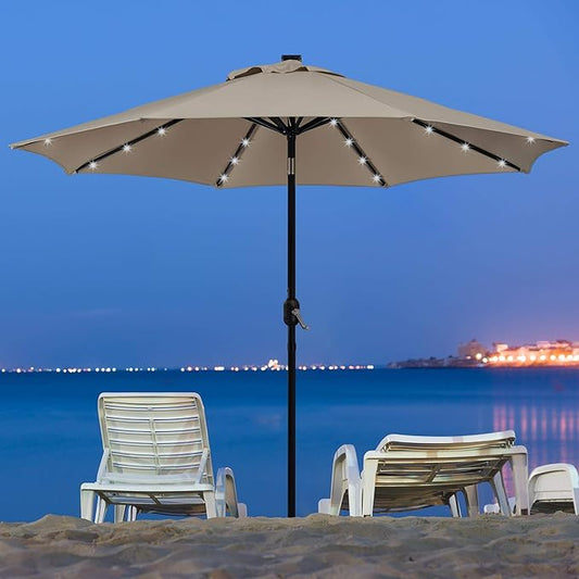 Yaheetech 9FT Solar Powered Patio Umbrella - UV Protection Market Table Umbrella w/ 32 LED Lights & Push Button Tilt & Crank Lift System for Garden/Lawn/Deck/Backyard/Pool,Tan