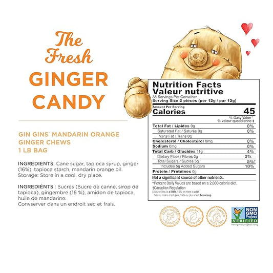 GIN GINS Mandarin Orange Ginger Chews – Natural Fresh Ginger Candy by The Ginger People – Individually Wrapped Healthy Candy – Mandarin Orange Flavor – Large 1 lb Bag (16oz) – Pack of 1