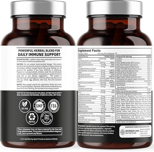 N1N Premium Plant Based Multivitamin [42 Powerful Ingredients] Men & Women Daily Multivitamins with Raw Veggies and Fruits, Probiotics, Alfalfa, Echinacea, Spirulina and Digestive Enzymes, 90 Tablets