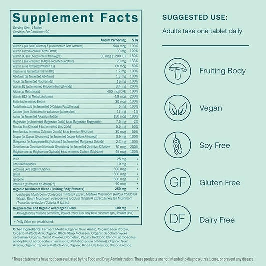 True Grace One Daily Men’s Multivitamin Fermented Minerals, Organic Adaptogens & Mushrooms Whole Body Balance Immune, Endurance, Bone & Heart Support - Non-GMO, Gluten Free - 90 Vegan Tablets
