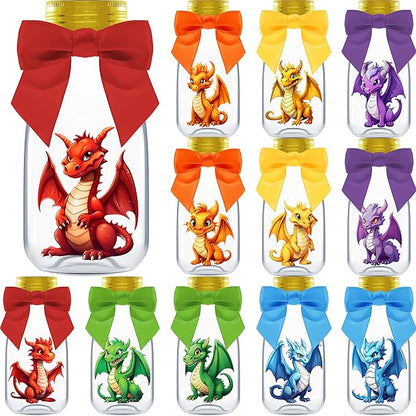Small 12 Pack Dragon Party Favors - Candy Jars with Ribbons and Stickers - DIY Party Decoration Bottle for Birthday, Baby Shower and School Classroom - Dragon Egg Container for Kids and Teens