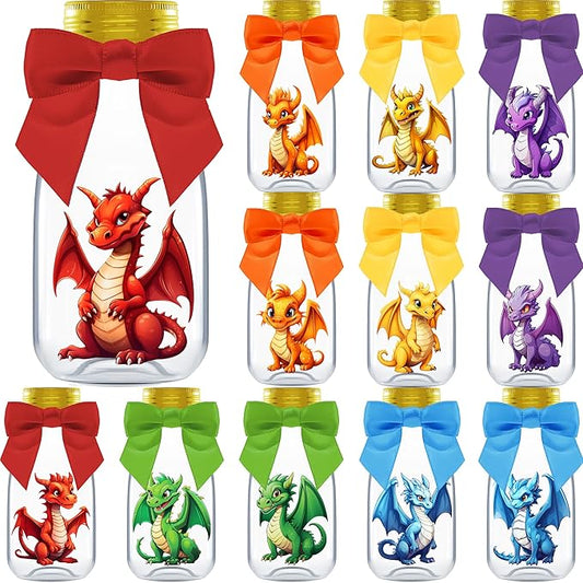 Small 12 Pack Dragon Party Favors - Candy Jars with Ribbons and Stickers - DIY Party Decoration Bottle for Birthday, Baby Shower and School Classroom - Dragon Egg Container for Kids and Teens