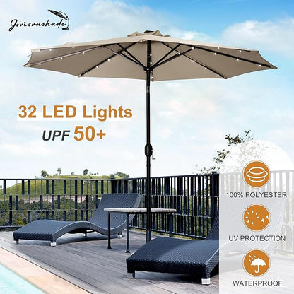9FT LED Patio Umbrella, Solar Outdoor Umbrellas with LED Lights, Deck Umbrella with Push Button Tilt and Crank, UV Protection Waterproof for Pool, Porch, Garden, Deck, Backyard. (TAN)