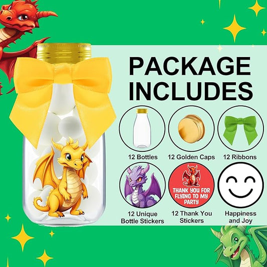 Small 12 Pack Dragon Party Favors - Candy Jars with Ribbons and Stickers - DIY Party Decoration Bottle for Birthday, Baby Shower and School Classroom - Dragon Egg Container for Kids and Teens