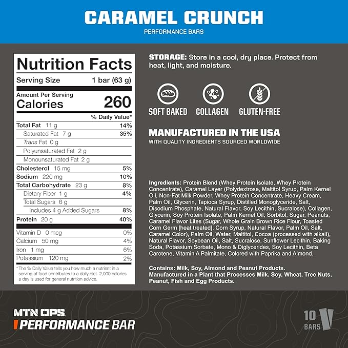 MTN OPS Caramel Crunch Protein Bars, High Protein with Whey Isolate & Whey Concentrate and Collagen, Low Sugar, Gluten Free, 10 Count