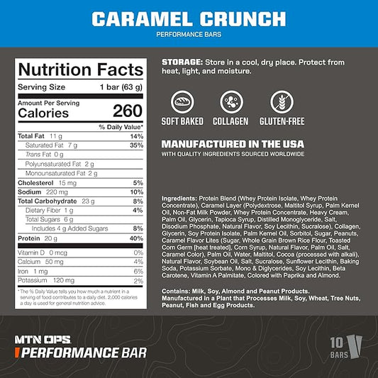 MTN OPS Caramel Crunch Protein Bars, High Protein with Whey Isolate & Whey Concentrate and Collagen, Low Sugar, Gluten Free, 10 Count