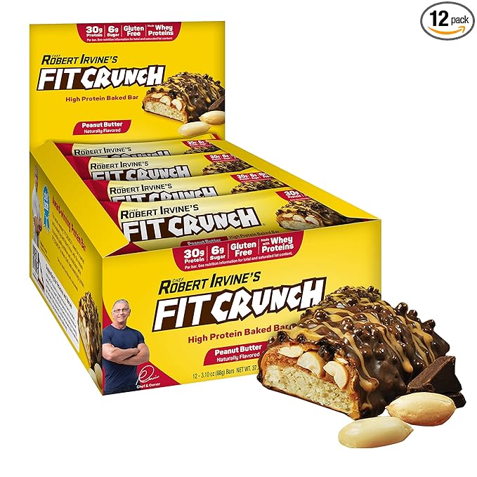 FITCRUNCH Full Size Protein Bars, 6-Layer Baked Bar, 6g of Sugar, Gluten Free & Soft Cake Core (12 Bars, Peanut Butter)