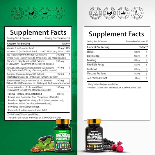 Premium Combo Bundle - Sea Moss 9000mg, Black Seed Oil 6000mg, Ashwagandha 3000mg, Shilajit 12000mg, Black Maca 4000mg, Beetroot 1000mg, All in 1 Supplements Pack