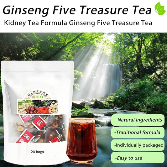 Kidney Tea Formula Ginseng Six Treasure Tea, Ginseng Five Treasures Teas, Kidney Cleanse Detox Beverage for Women & Men, Nnatural Ingredients Sweet Taste and Aroma 20bags