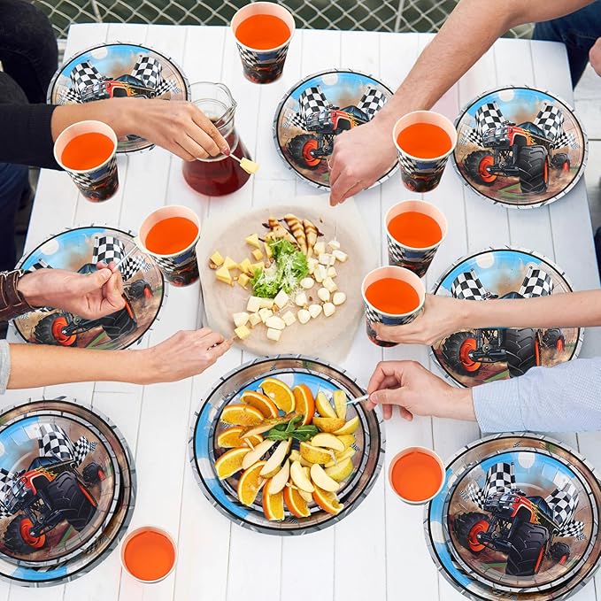 350 Pcs Monster Truck Theme Party Supplies Serves 50 Guests Racing Car Birthday Decorations Tableware Set Include Plates Napkins Cup Knives Spoon Fork for Race Car Truck Birthday Party Favors
