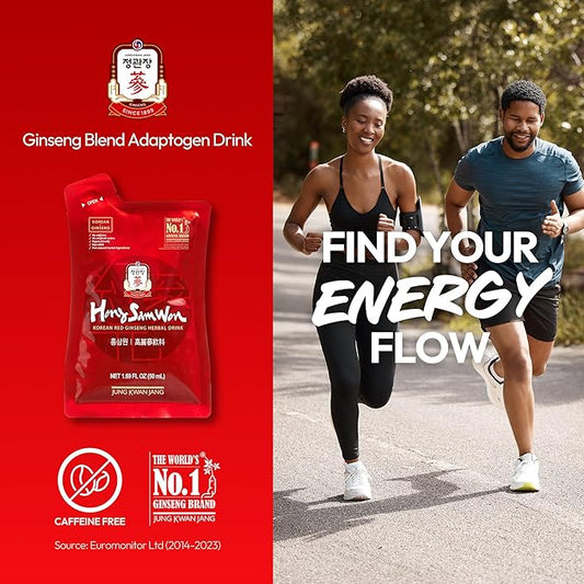 HongSamWon - Korean Red Ginseng Tea, Pre and Post Workout Herbal Energy Drink with Jujube, Cinnamon Ginger & Goji Berry - Caffeine Free, Non-GMO (60 Pouches, 1.69 fl oz)