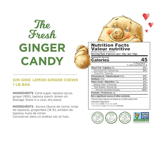 GIN GINS Lemon Ginger Chews – Natural Fresh Ginger Candy by The Ginger People – Individually Wrapped Healthy Candy – Lemon Flavor – Large 1 lb Bag (16oz) – Pack of 1