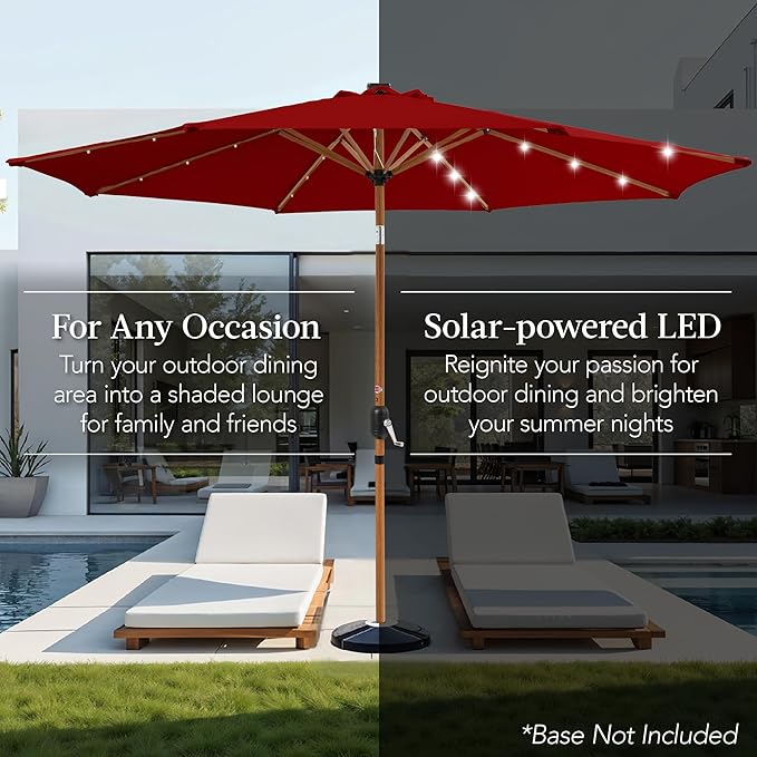 Best Choice Products 10ft Solar Market Patio Umbrella w/Woodgrain Pattern Pole, LED Lights, Tilt & Crank – Outdoor Sun Shade for Backyard Table, Deck, Poolside – Red
