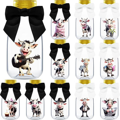 Small 12 Pack Cow Party Favors - DIY Candy Jars with Ribbons and Stickers - Party Decoration Bottles for Birthday, Baby Shower and School Classroom - Holy Cow Print Table Centerpiece for Kids